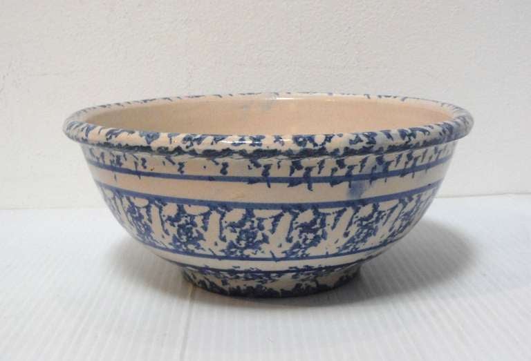 19th century spongeware pottery serving or fruit bowl with a design ring around the bowl. The condition is very good .Great on a table filled with fruit.