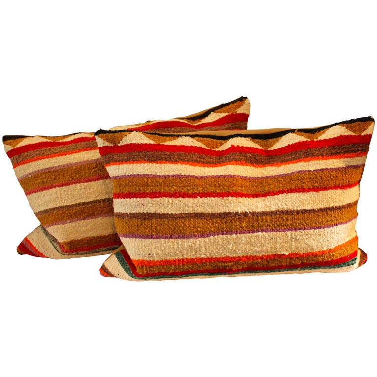 Pair of Navajo Indian Striped Saddle Blanket Weaving Pillows For Sale