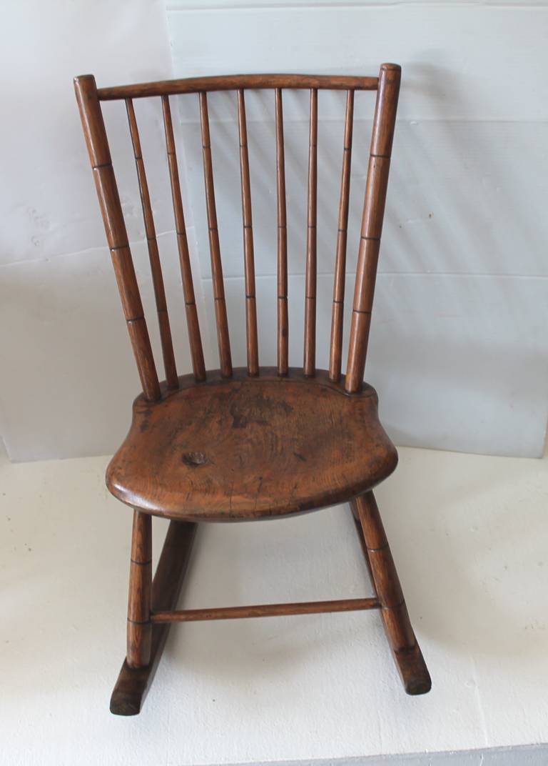 American Colonial Early 19Th Century Hickory & Pine Windsor Rocking Chair