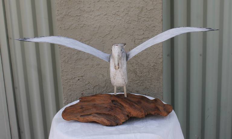 Hand-Carved Fantastic Early 20Th Century N.E. Hand Carved Wood Seagull on Drift Wood