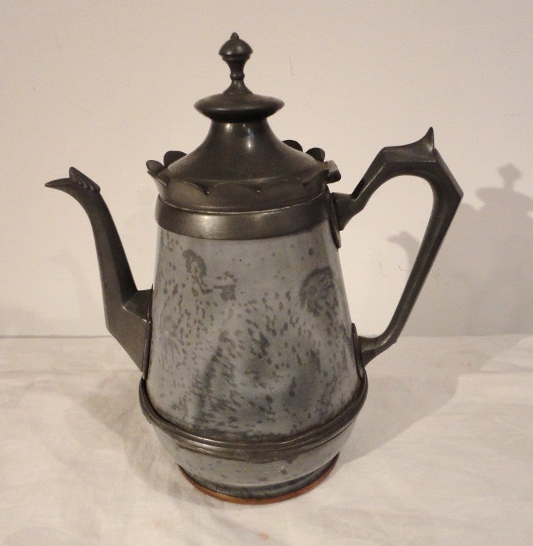Early American pewter and granite coffee pot in fantastic form. This wonderful goose neck coffee pot. Signed on base GRANITE IRON WARE, PTD. MAY 30, 1818.