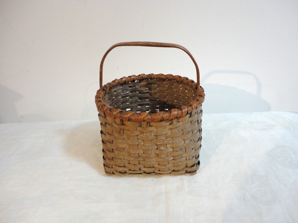 19th Century Fantastic 19thc Taupe Painted Basket w/ Camel Trim
