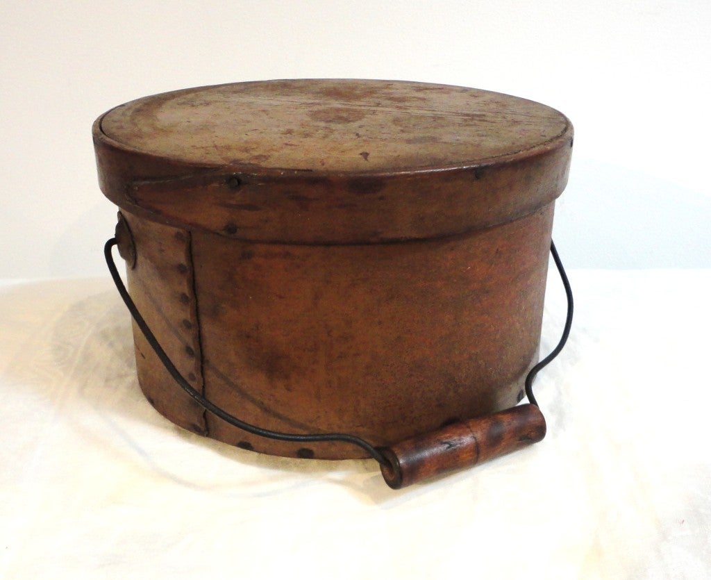 19thc original mustard/camel painted large bail handle pantry box.This wonderful colored New England pantry has the best form and surface.