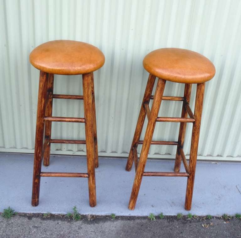 Pair of Old Finish Bar Stools With Leather Seats