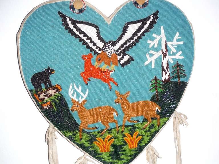 Plateau Indian Illustrative Beadwork Heart Shaped Wall Pocket