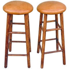 Pair of Old Finish Bar Stools With Leather Seats