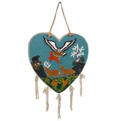 Vintage Plateau Indian Illustrative Beadwork Heart Shaped Wall Pocket