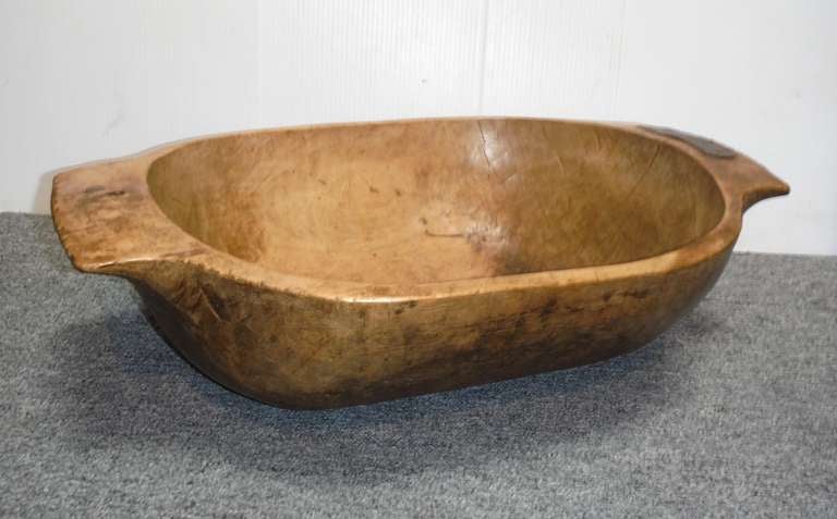 American Large Early 19thc Hand Carved Dough Bowl w/ Handles