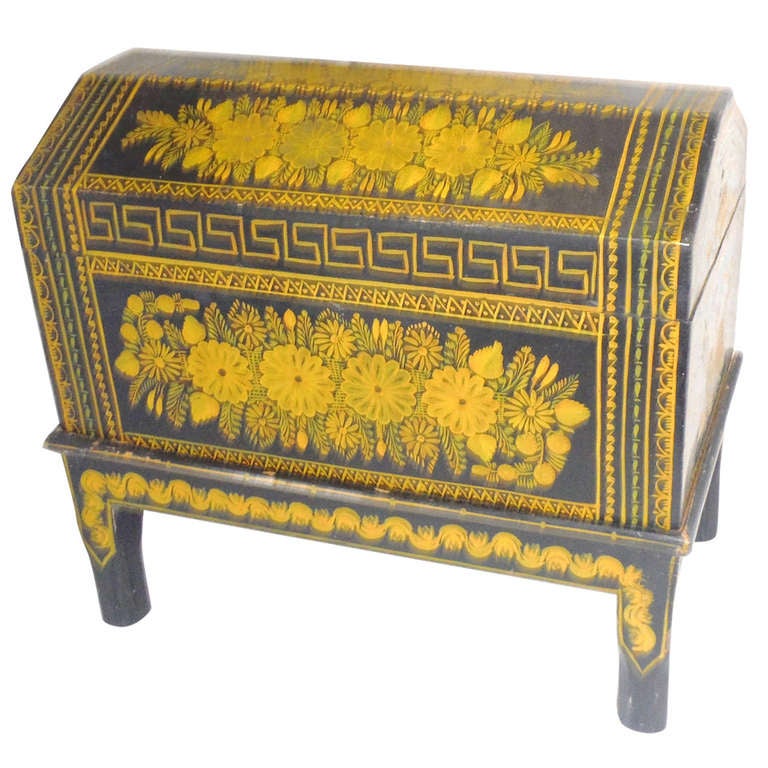 Antique Ebonized Hand Painted Mexican Wedding Trunk For Sale Antique Ebonized Hand Painted Mexican Wedding Trunk For Sale