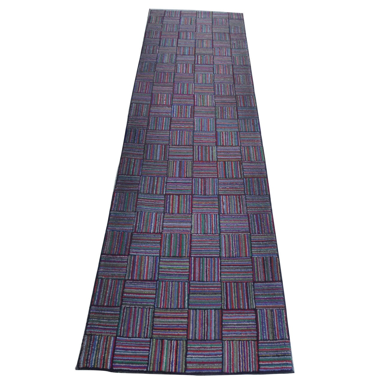 Amazing Long Hand-Hooked Runner Rug in Log Cabin Pattern # 2
