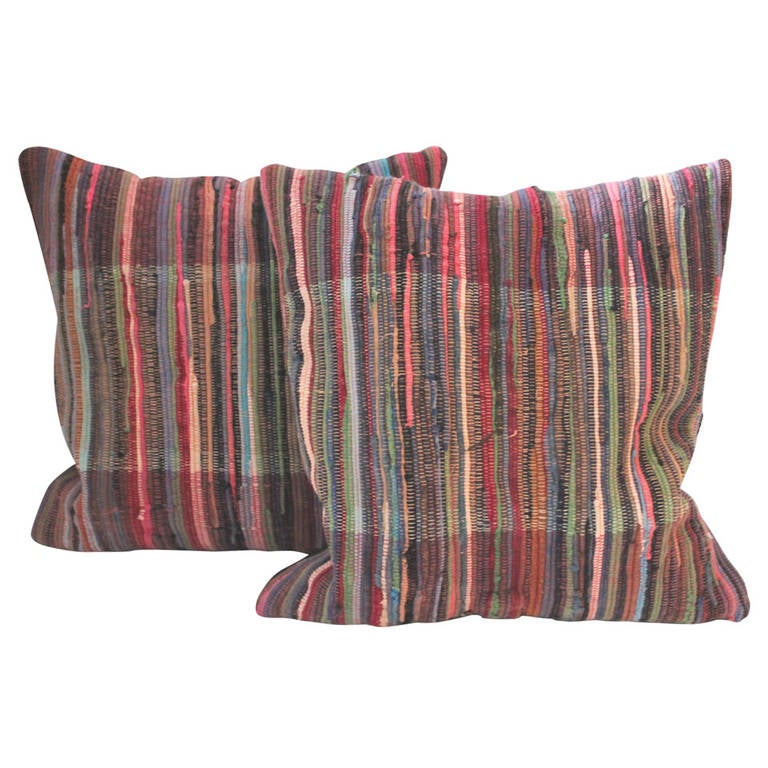 Pair of Multi Colored Rag Rug Pillows at 1stdibs