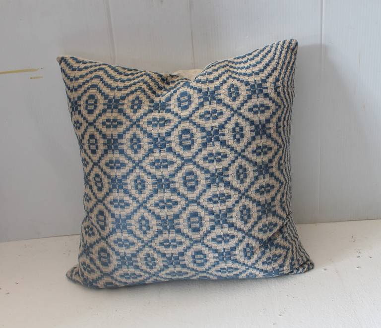 19th Century Blue and White Jacquard Coverlet Pillows 1