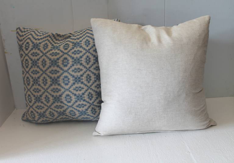 19th Century Blue and White Jacquard Coverlet Pillows 2
