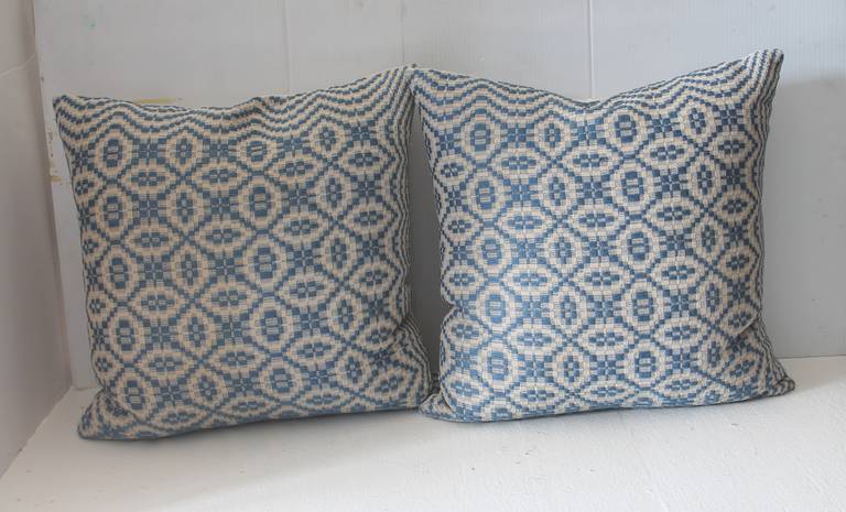 American 19th Century Blue and White Jacquard Coverlet Pillows