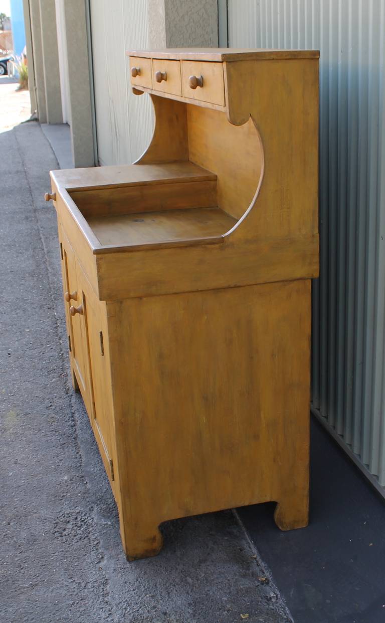 Folk Art 19th Century Mustard  Painted High Back Dry Sink From Pennsylvania