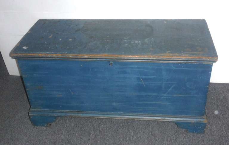 19thc Original Painted Vibrant Blue New England Blanket Chest