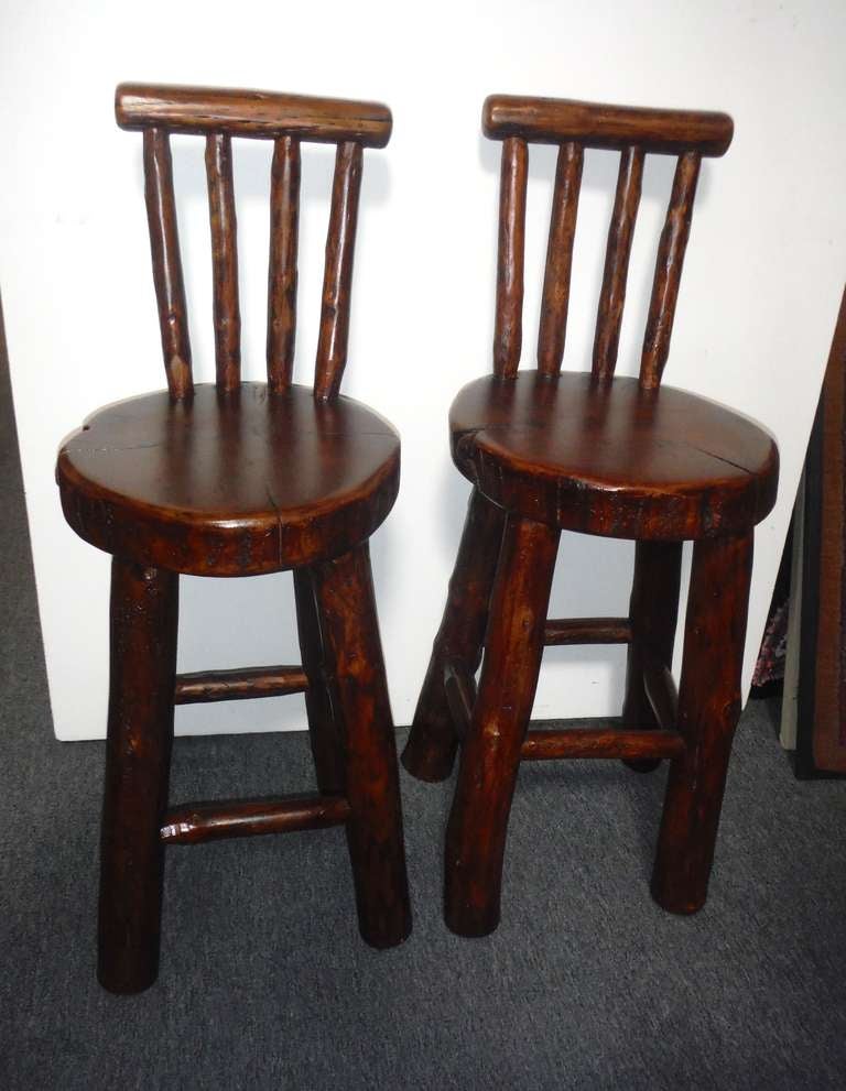 Pair of Rustic Log /Hickory Bar Stools w/ Pllank Seats For Sale at 1stDibs | rustic hickory bar 