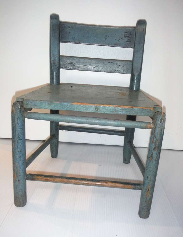 American Folky 19thc Original Blue Painted Childrens Chair
