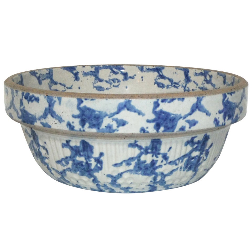 19th Century Blue and White Sponge Ware Pottery Bowl
