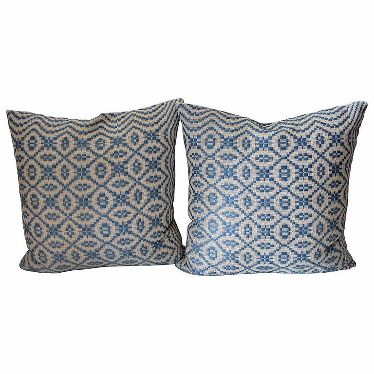 19th Century Blue and White Jacquard Coverlet Pillows at 1stdibs