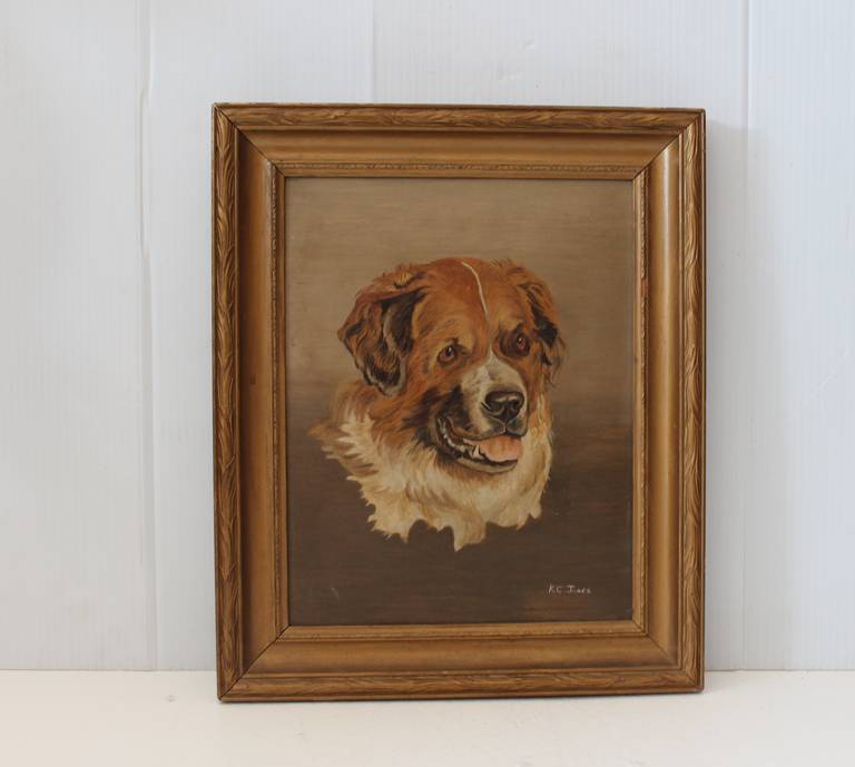 19th century oil painting of a Bernese mountain dog. Painted on art board. Signed K.C Jones. Kaitlyn Cecilia Jones from Chateaugay, NY. The painting is very well done. Beautiful piece.