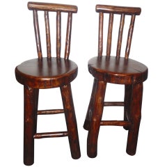 Pair of Rustic Log /Hickory Bar Stools w/ Pllank Seats