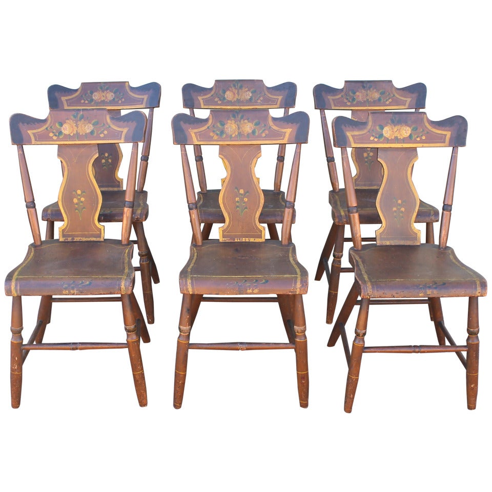 Set of Six Original Painted 19th Century Pennsylvania Plank-Bottom Chairs