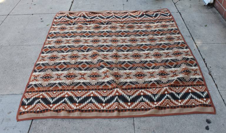 This is an exceptional all cotton geometric Indian design camp blanket made by the Beacon Blanket Company out of New York. The condition is pristine with the original binding edge. The best of colors. Ready to put in your rustic cottage or cabin. A