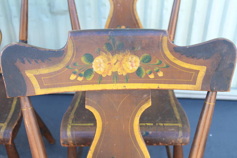 Country Set of Six Original Painted 19th Century Pennsylvania Plank-Bottom Chairs