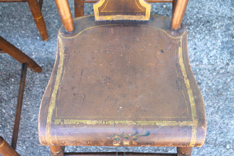 American Set of Six Original Painted 19th Century Pennsylvania Plank-Bottom Chairs