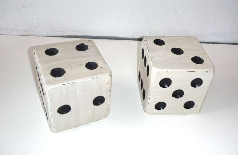 Pair of Hand Carved & Painted Wood Dice In Distressed Condition In Los Angeles, CA