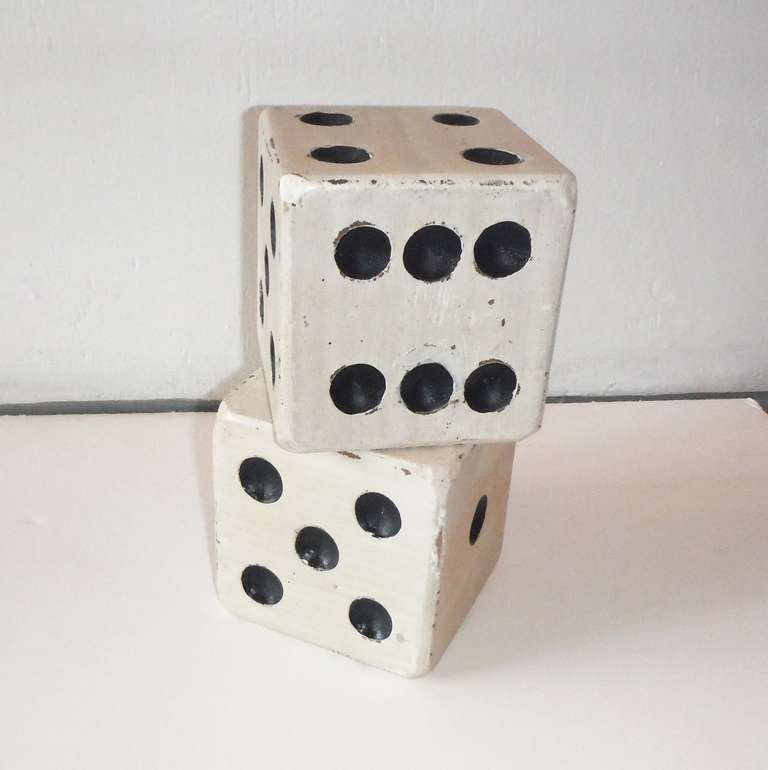 Mid-20th Century Pair of Hand Carved & Painted Wood Dice