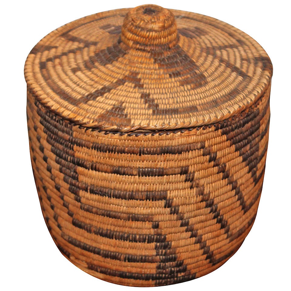 Geometric Papago American  Indian  Lided Storage Basket