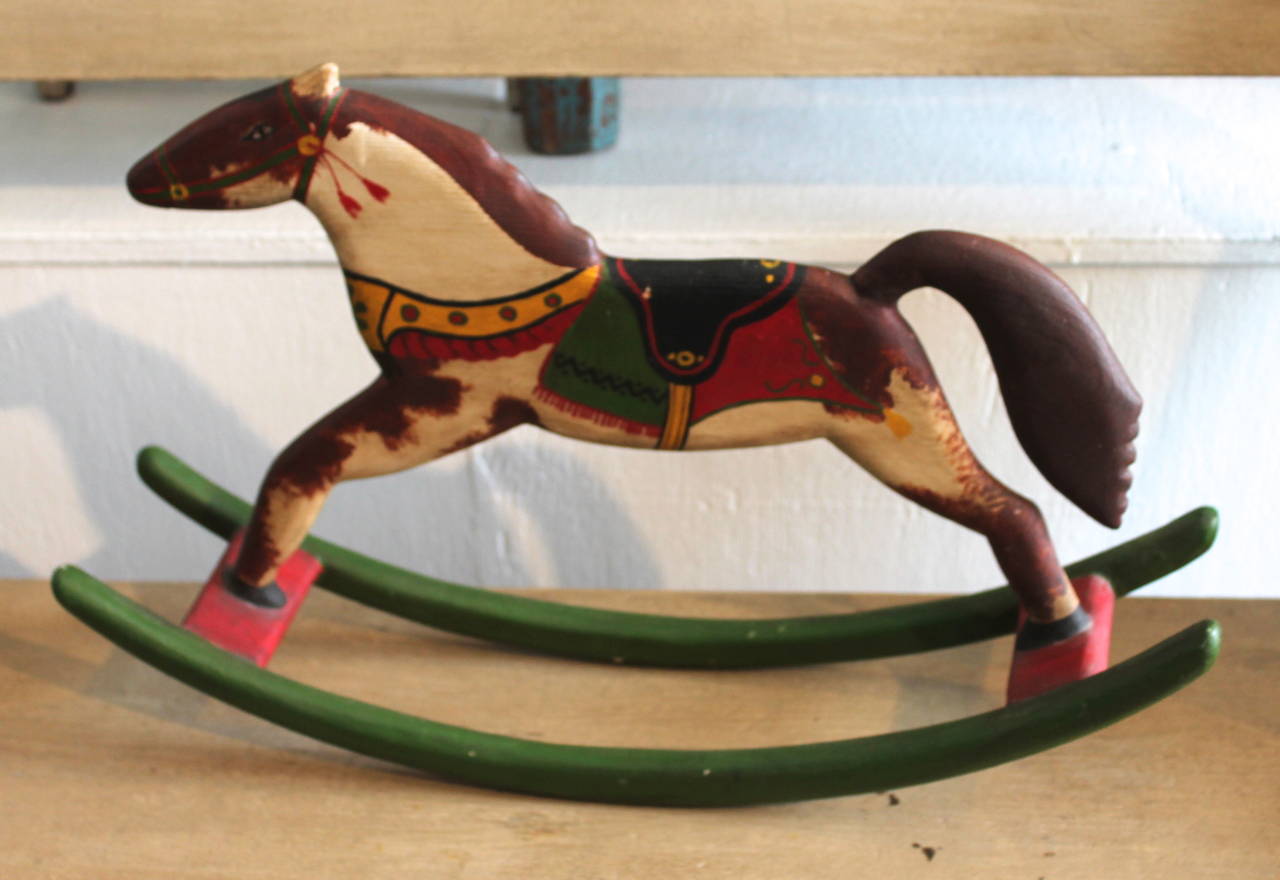 This amazing hand carved & painted folk art rocking horse is just the very best !  It is signed and dated J.K.Bear 1987 and is a original one of its kind.  The condition is very good.  A wonderful example of mid century contemporary folk art.