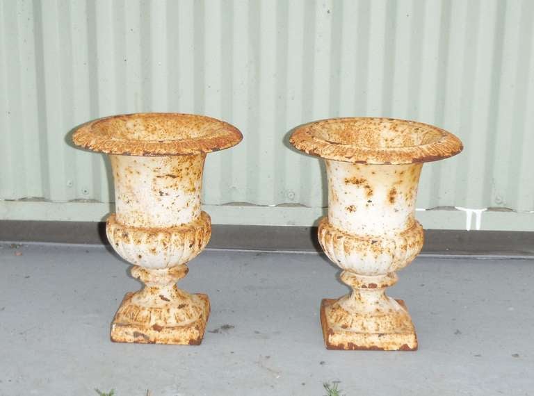 Pair of Original White Painted  Iron  19thc Table Top Urns In Distressed Condition In Los Angeles, CA