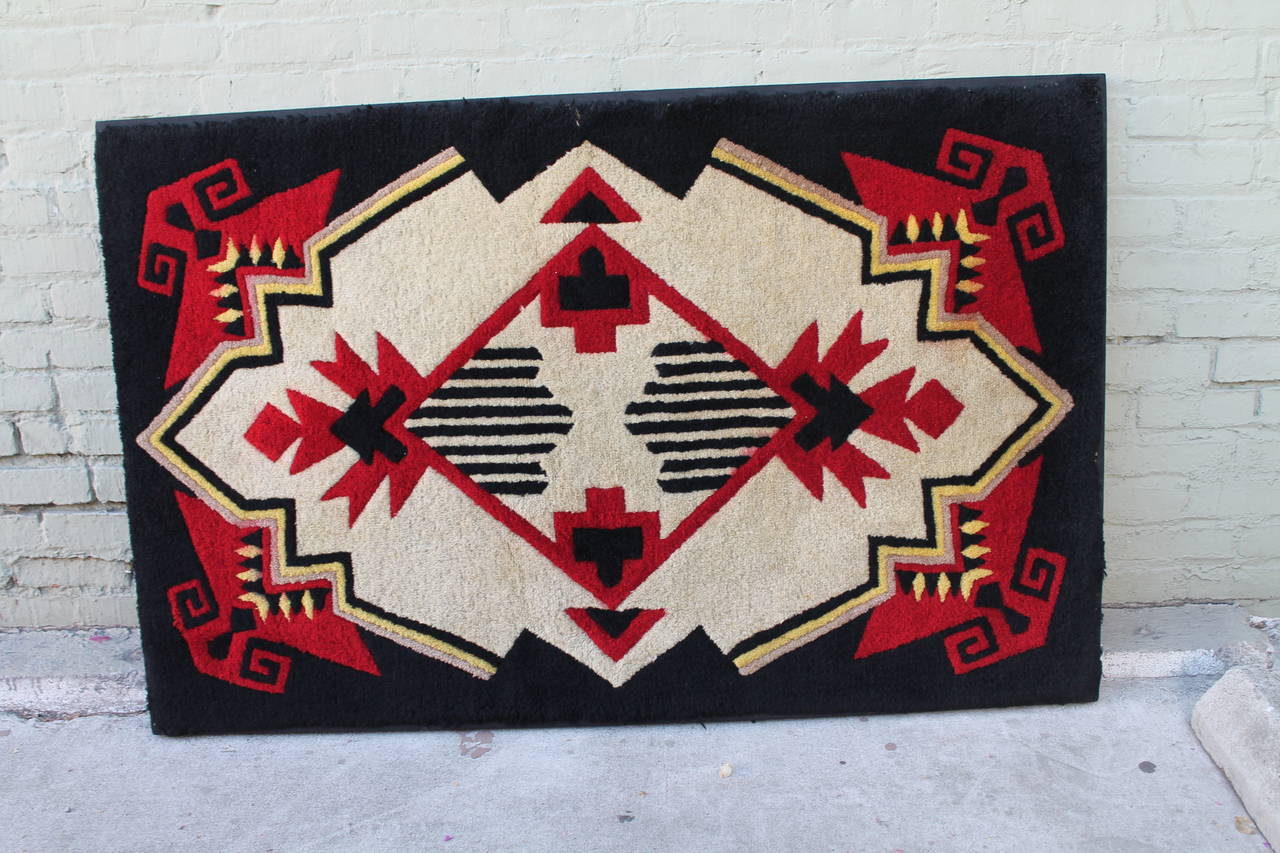 Wool 1930s Mounted Geometric Hand-Hooked Rug For Sale