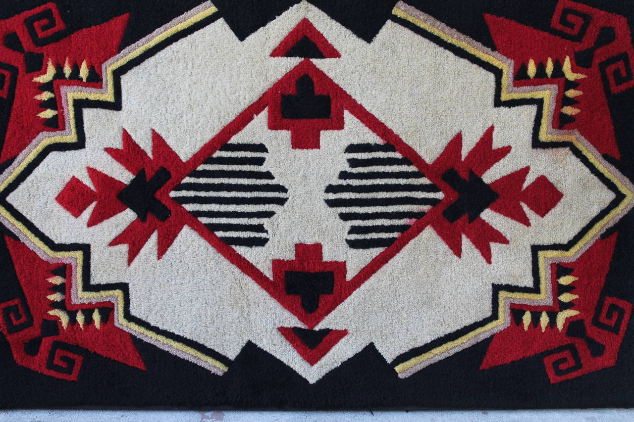 Mid-20th Century 1930s Mounted Geometric Hand-Hooked Rug For Sale