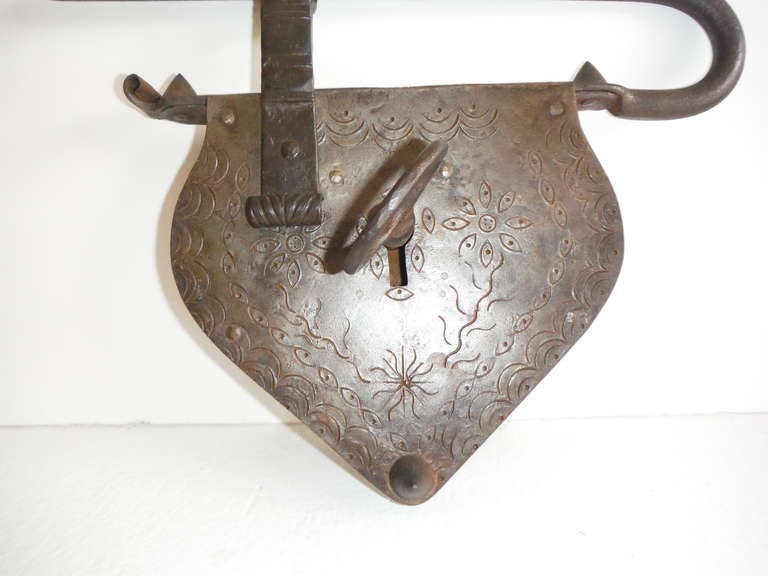 American Early 18th Century Hand Forged Iron Monumental Hanging Heart Shaped Lock