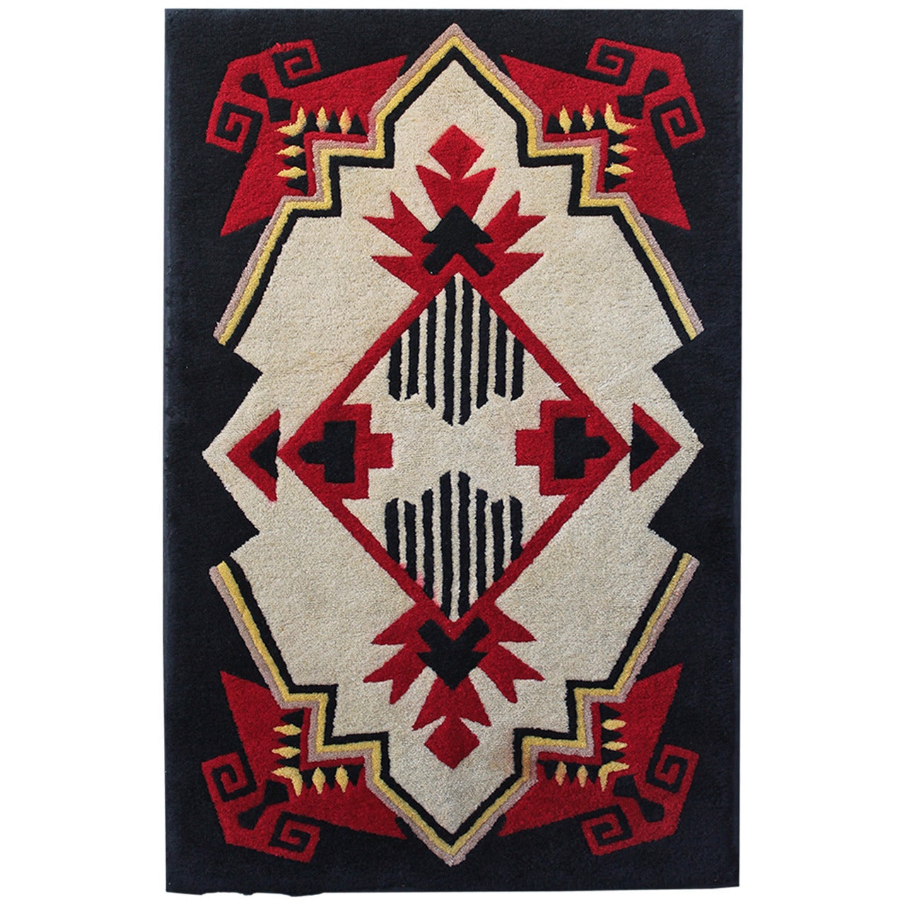 1930s Mounted Geometric Hand-Hooked Rug For Sale