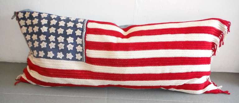 Large Hand Crochet 48 Star Flag with Blue Cotton Linen Backing