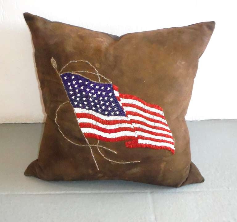 Navajo Patriotic Flag Beaded Pillow On Leather with Linen Backing