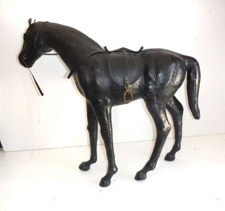 American Leather Horse Statue with Brass Appointments