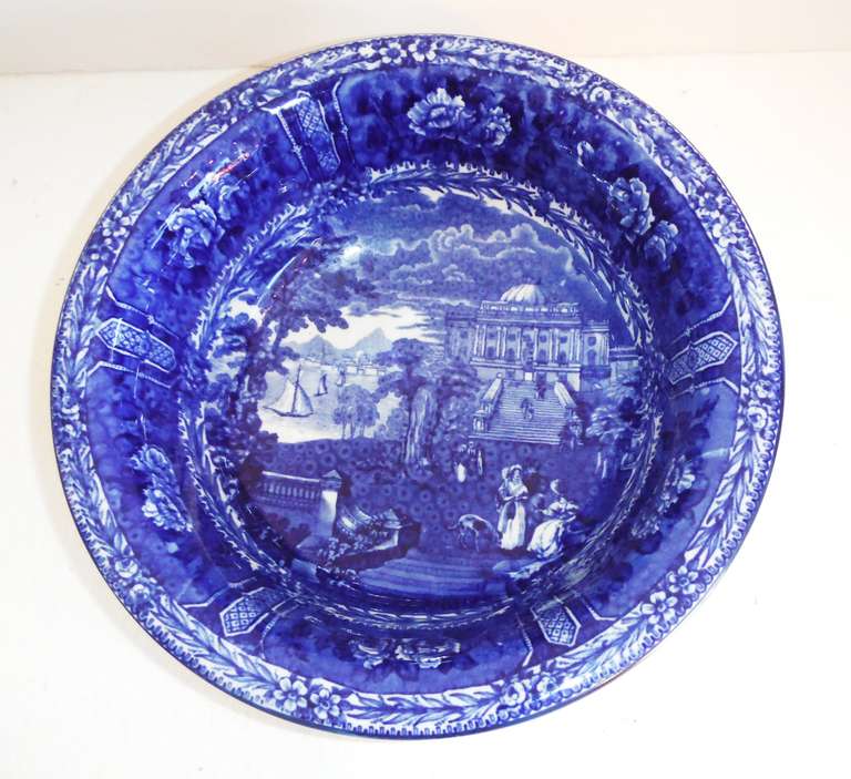 Cauldon England Historical Flow Blue Large Serving Bowl In Excellent Condition In Los Angeles, CA