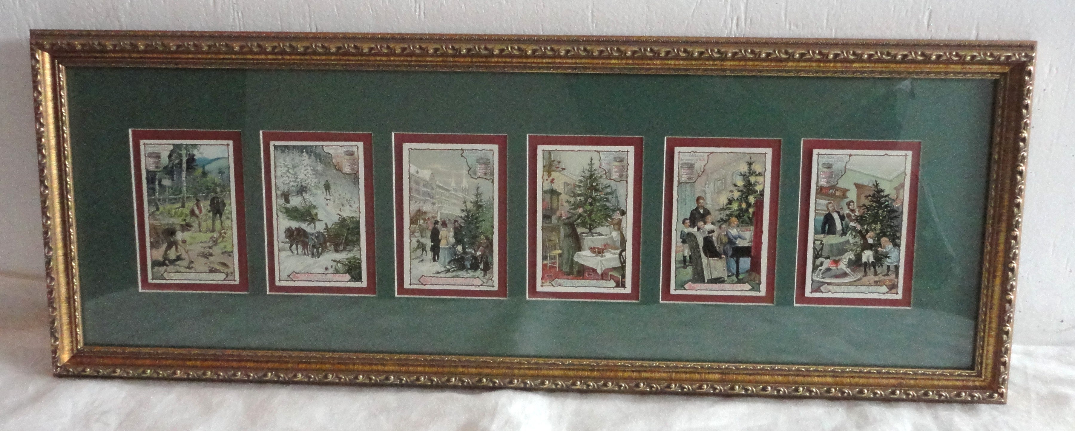 19thc German Christmas Postcards W/ Liebig Meat Advertising Cards Framed Set