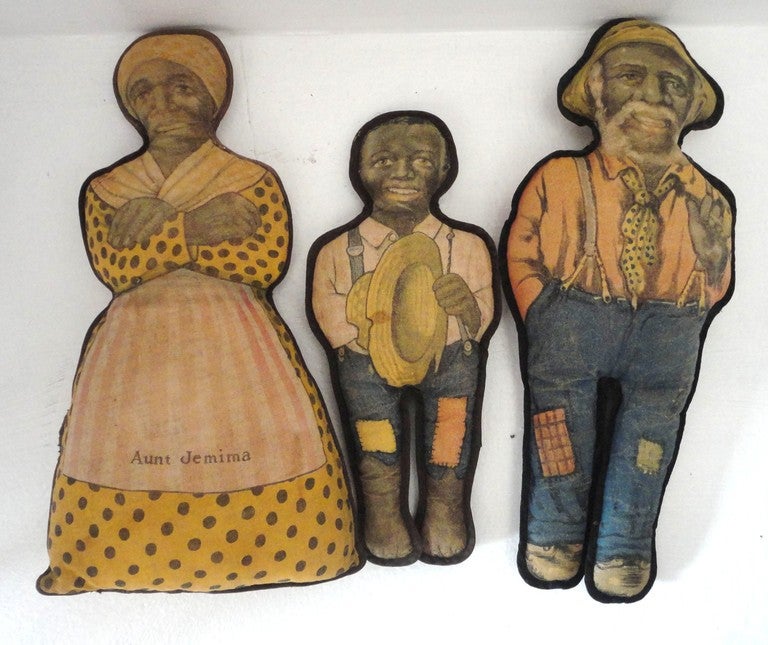 Rare and early 20th century cotton litho printed fabric Aunt Jemima doll and her husband uncle Mose and the son Wade. Sold as a three-piece set. The conditions are very good.