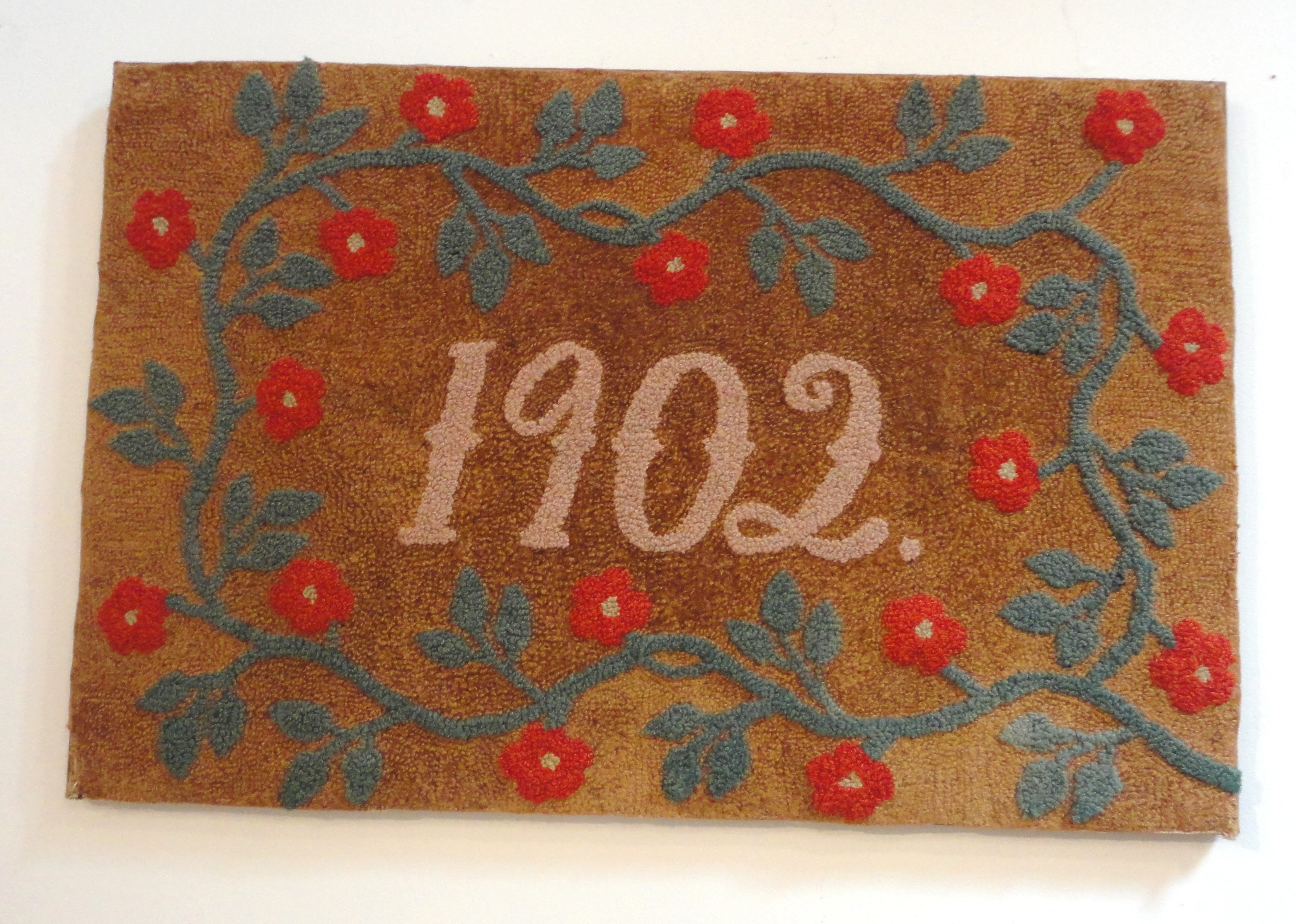 Mounted Hand Hooked Dated 1902 Rug W/ Vine Border