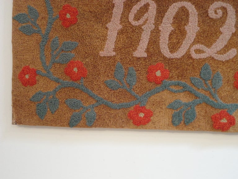 Mounted Hand Hooked Dated 1902 Rug W/ Vine Border In Excellent Condition In Los Angeles, CA
