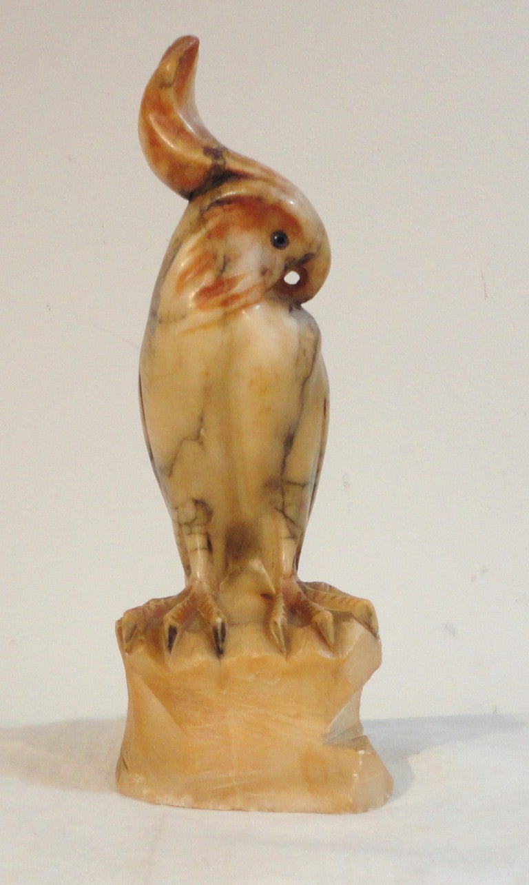 Fantastic Hand Carved & Painted Alabaster Parrot w/ Blue Glass Eyes In Excellent Condition In Los Angeles, CA