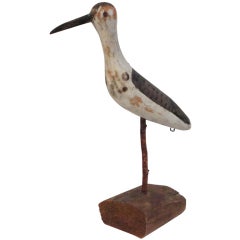 Vintage Early 20thc Signed "Randall" Original  Carved & Painted Shorebird on Wood Block