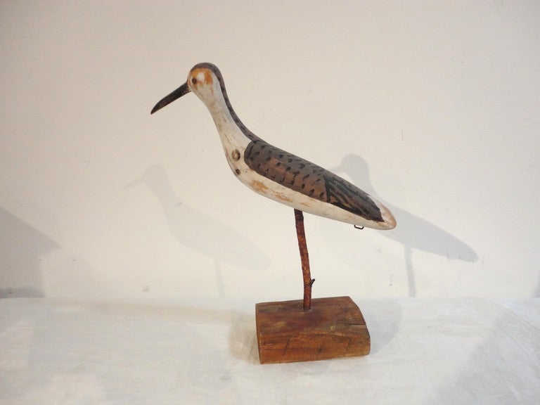Early original hand carved & painted shorebird on original wood block. This  bird is signed 'RANDALL' on the belly of the bird. The surface is fantastic.